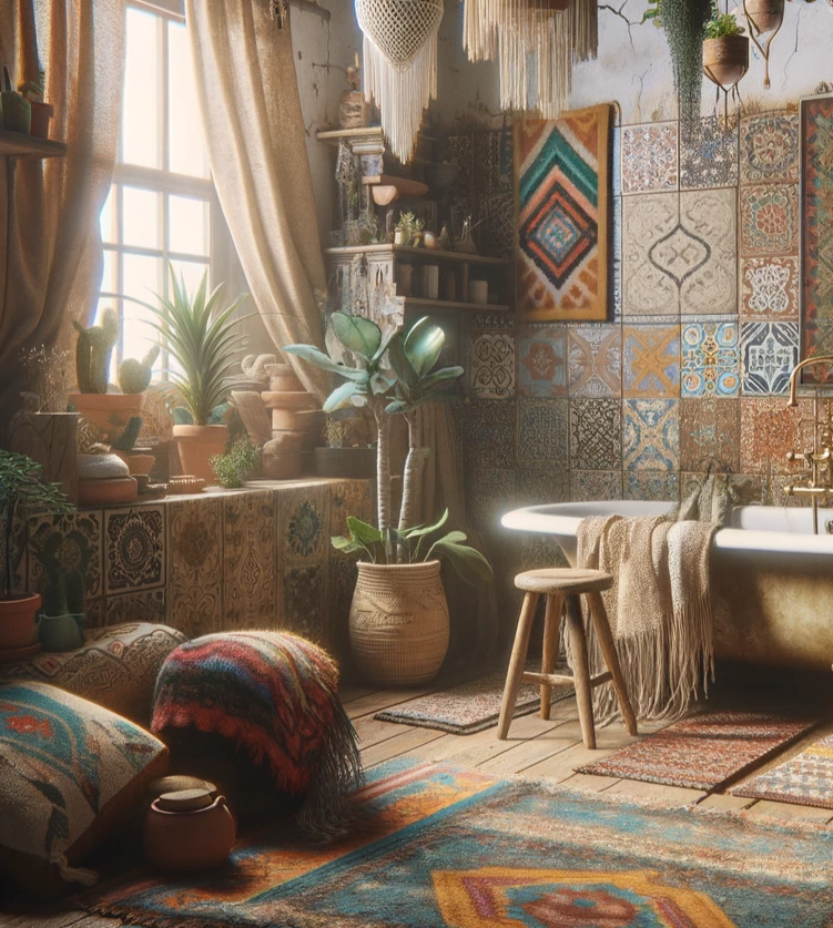 A bohemian oasis in the form of a bathroom, where rustic meets eclectic, sunlight dances on Moroccan tiles, and greenery cascades down like nature's own artwork, creating a peaceful retreat for the soul.