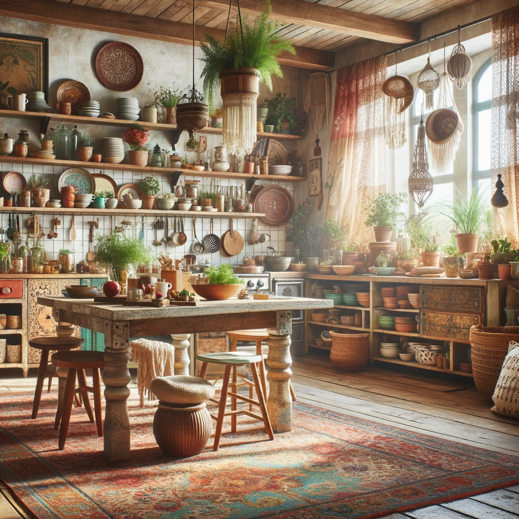 Step into this soulful bohemian kitchen, a tapestry of earthy textures and vibrant patterns, where open shelves brim with eclectic treasures and the aroma of herbs mingles with the sunlit warmth of a rustic, welcoming space.