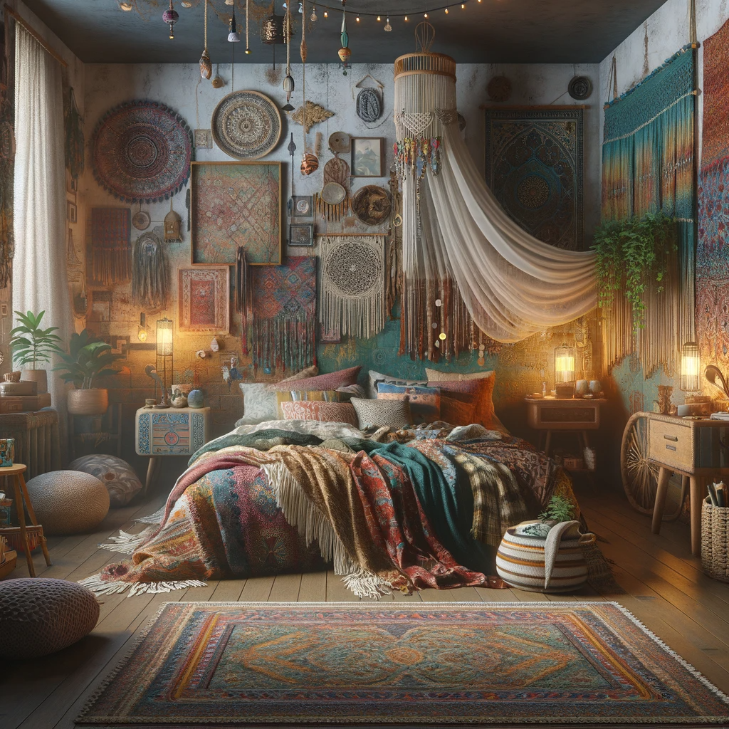 An enchanted bohemian bedroom, a tapestry of textures and colors, where every cushion, throw, and wall hanging tells its own story of travels and dreams, a sanctuary for the free-spirited.