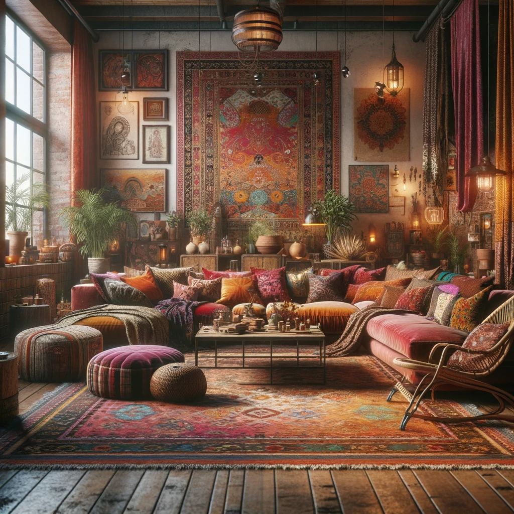 A living room with patterned pillows and rich textiles, where every seat invites you to sit down and every object has a story, a space that's as much about comfort as it is about character.