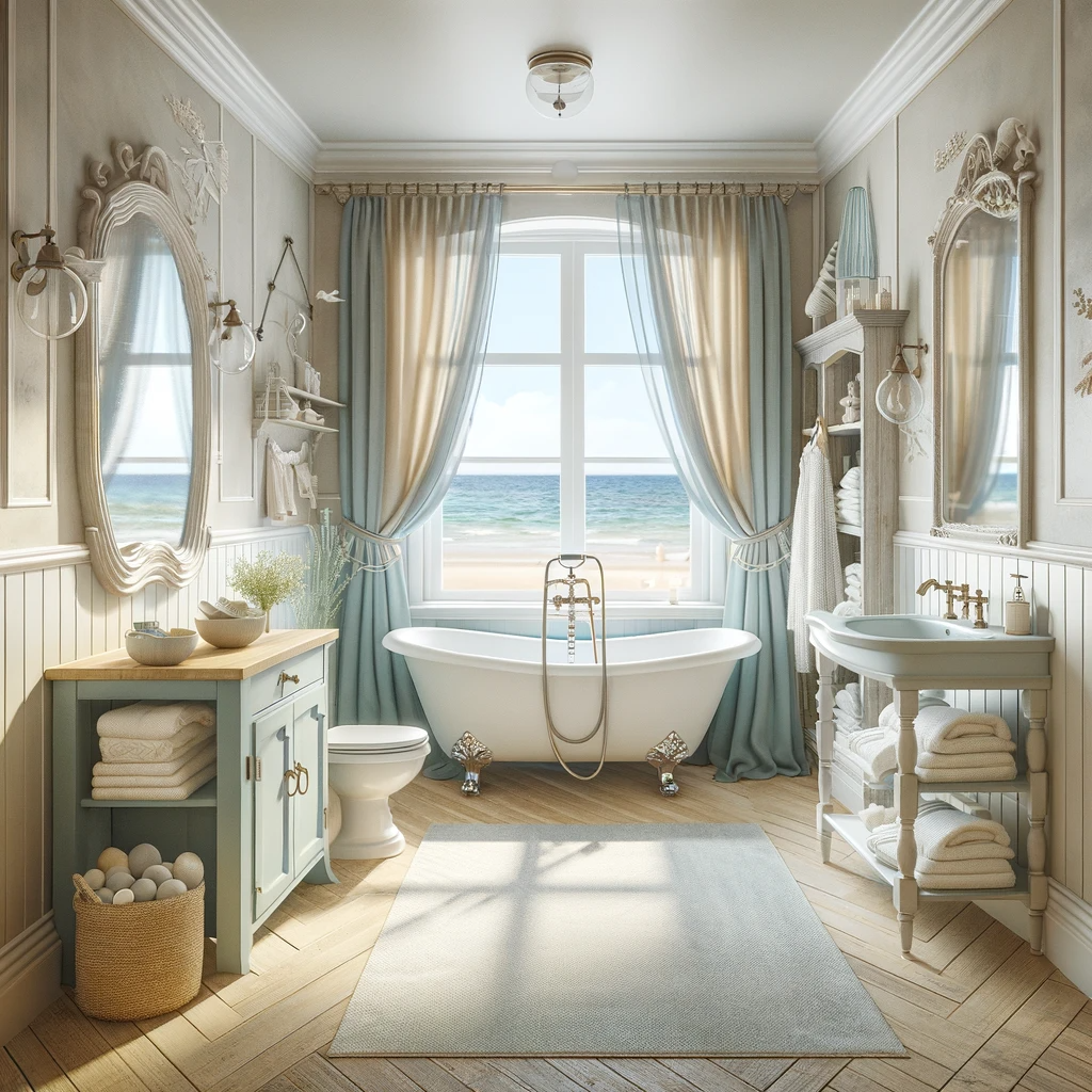 An inviting beachfront bathroom where elegance meets simplicity, featuring a classic clawfoot tub with a view of the endless sea, complemented by soft, sandy hues and a touch of maritime charm.