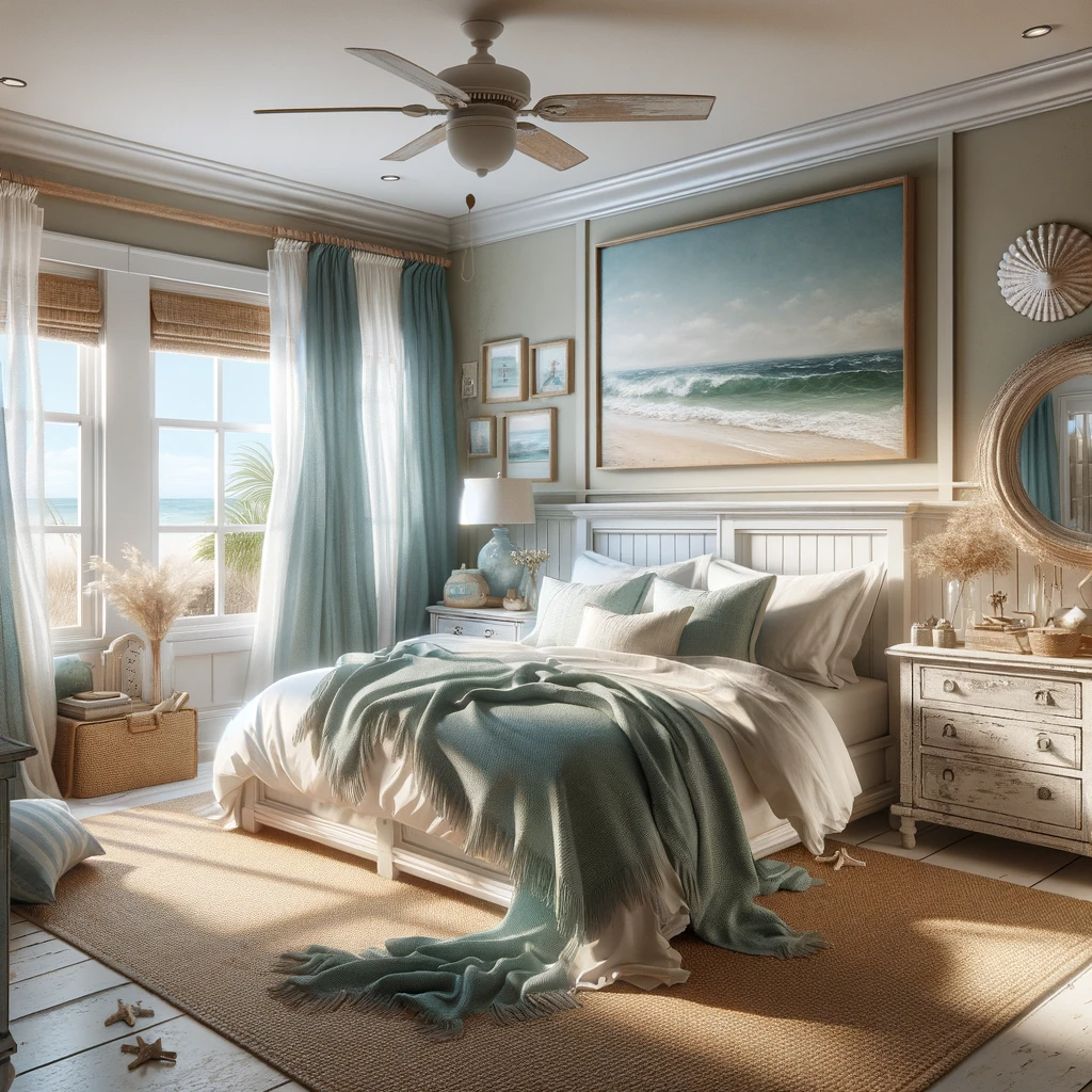 A serene coastal bedroom basking in the glow of morning light, where the gentle caress of sea breeze whispers through flowing curtains, and the ocean's horizon beckons from the comfort of plush, aquamarine-tinted linens.