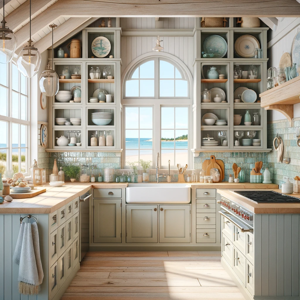 A sun-kissed cottage kitchen where seafoam green cabinetry and azure backsplash tiles blend harmoniously with the sandy wooden floors, offering a taste of the ocean's tranquility amidst rustic culinary comforts.