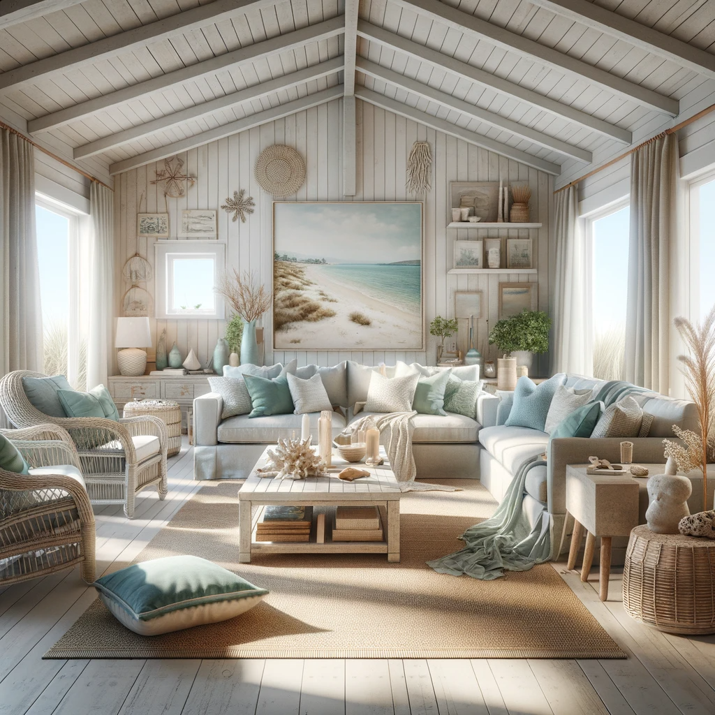 A coastal living room that echoes the serenity of the shore, with its symphony of soft blues and sandy neutrals creating a haven for relaxation, framed by a collection of seashell and nautical treasures that tell tales of the sea.
