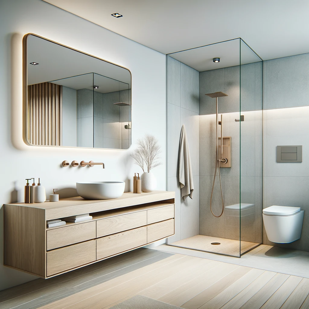 Sleek Danish modern bathroom with an open shower, floating vanity, and clean geometric lines, where simplicity and practicality meet in a light-filled, sophisticated space.