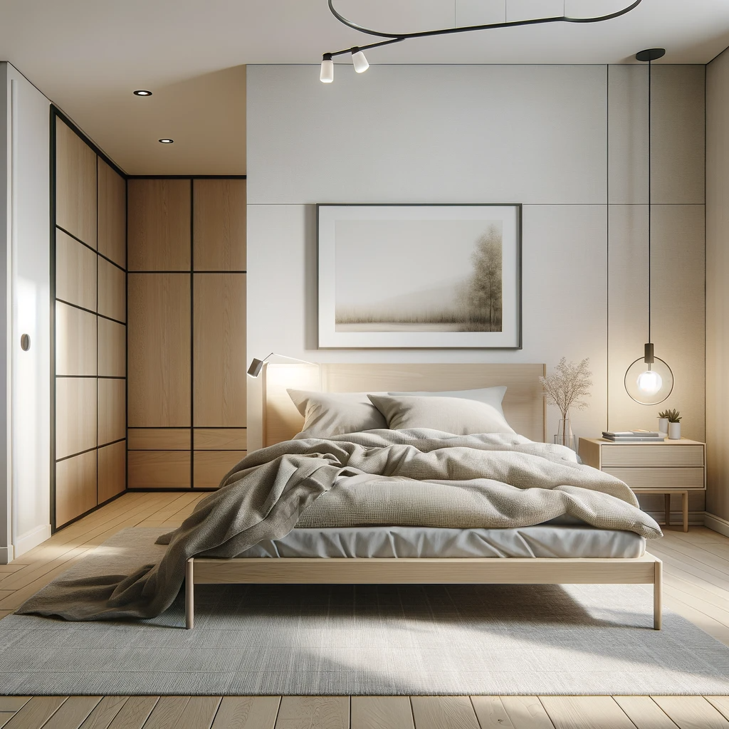 Minimalist Danish modern bedroom with a focus on functionality, showcasing a low-profile bed, warm wooden accents, and muted colors, complemented by subtle lighting for a restful ambiance.