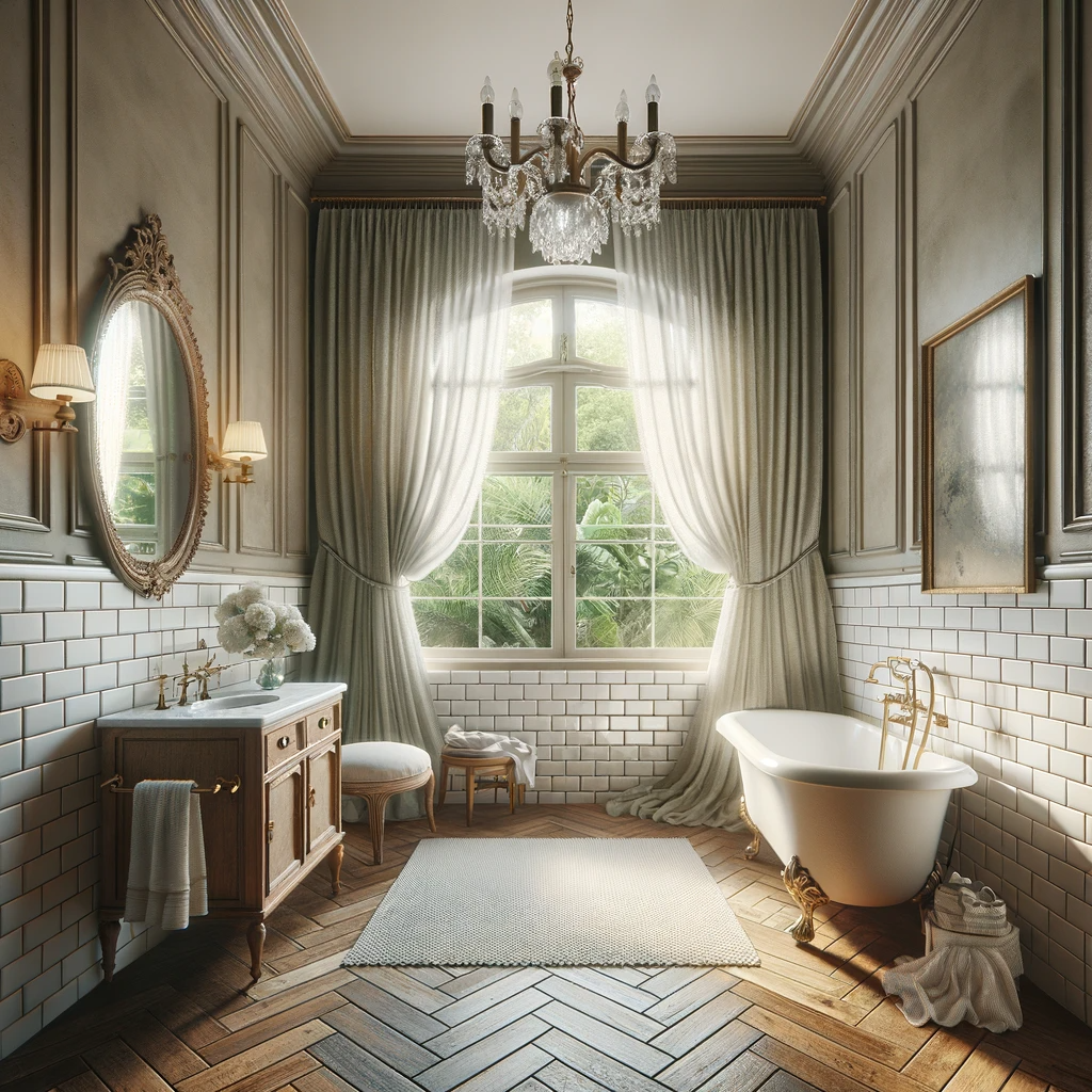 This spacious bathroom pairs white subway tiles with soft wall tones, a classic clawfoot tub with brass fixtures, and an antique wooden vanity for a timeless colonial charm.