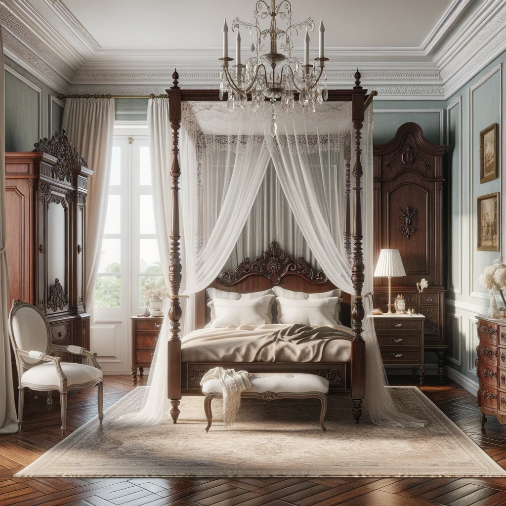 A grand four-poster bed anchors this French colonial bedroom, with its intricate mahogany wood carvings, airy linens, and delicate mosquito netting. Antique furnishings and a plush area rug complement the room's elegant pastel walls and white crown molding.