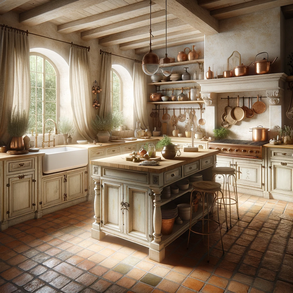 The heart of the home, this kitchen is a mix of rustic and refined, with natural stone walls, terracotta tiles, distressed ivory cabinetry, and a large wooden island—all illuminated by soft natural light.