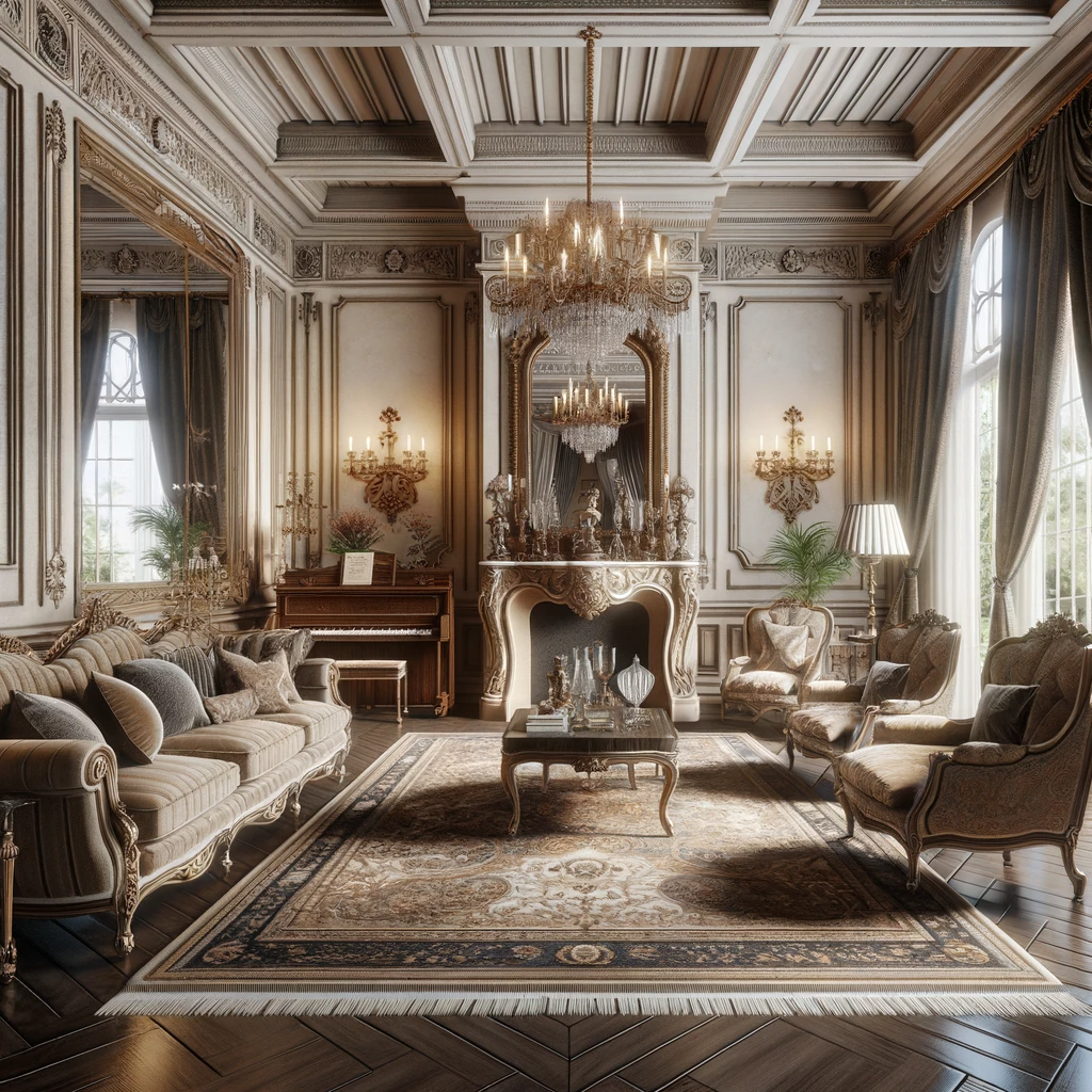 High ceilings with white wooden beams and elegant chandeliers set the stage for this living room, featuring plush ornate furniture, a marble fireplace, flowing drapery, and hardwood floors covered by a luxurious rug.