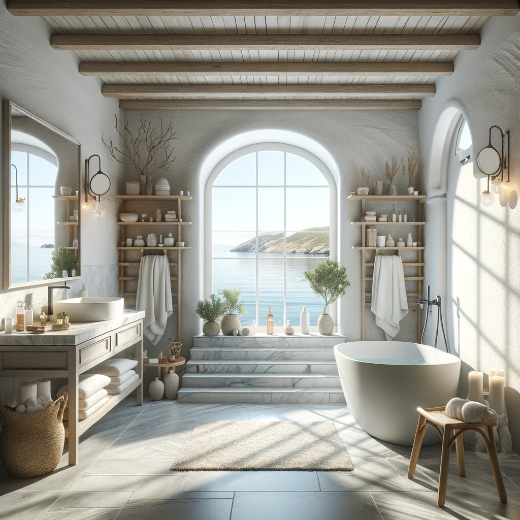 A serene coastal bathroom in the heart of Greece, where the calm white decor and natural light invite a sense of tranquility as vast as the ocean view framed by the arched window.