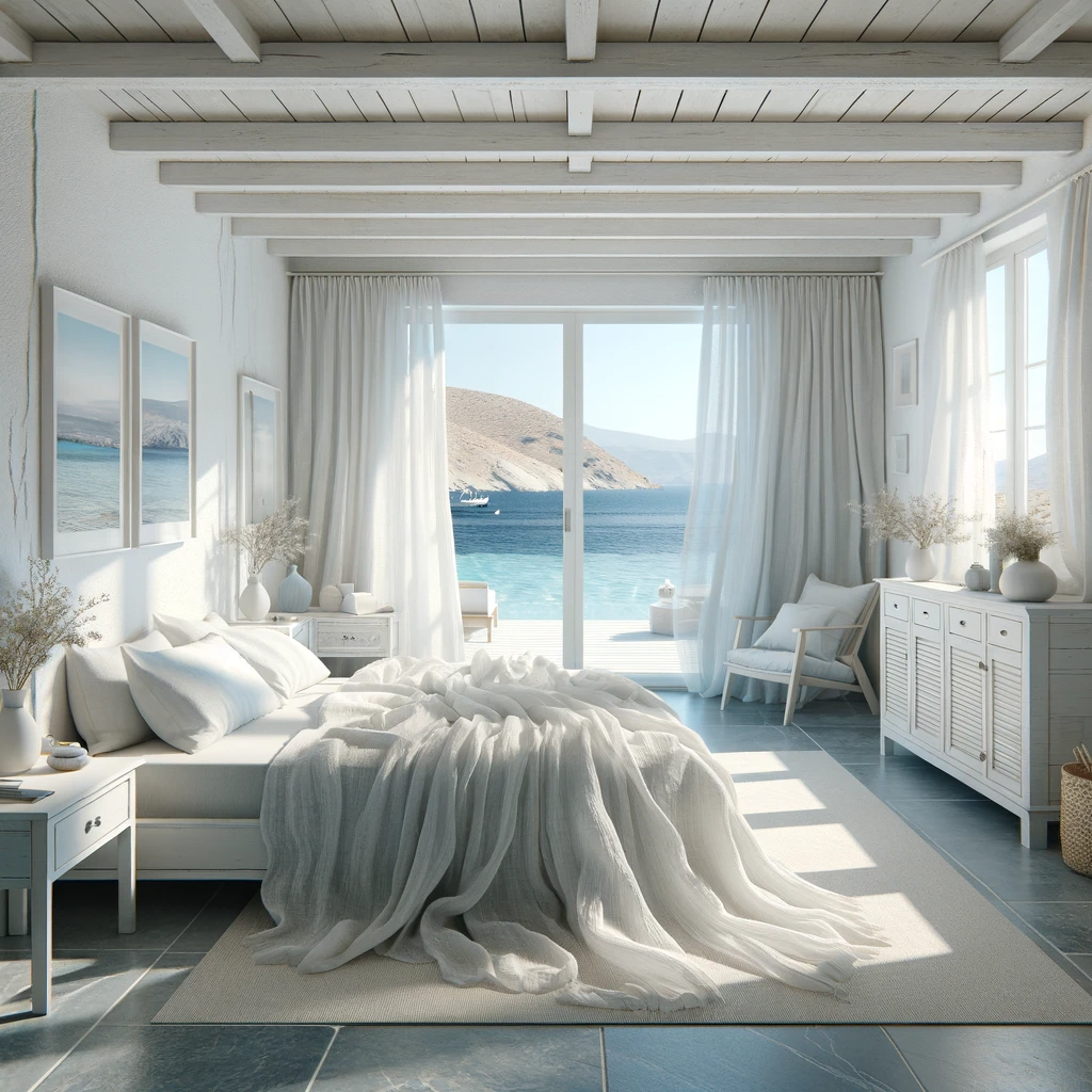 Awake in a tranquil Greek bedroom where the gentle caress of the sea breeze complements the soft, flowing linens, offering a peaceful retreat with a breathtaking view of the endless blue horizon.