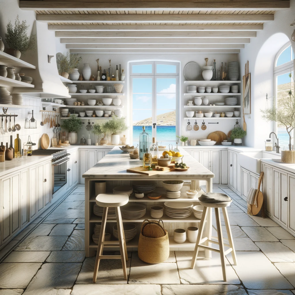 Experience the charm of a Greek kitchen, where traditional rustic elements blend seamlessly with modern amenities, all set against the backdrop of the sparkling Mediterranean.
