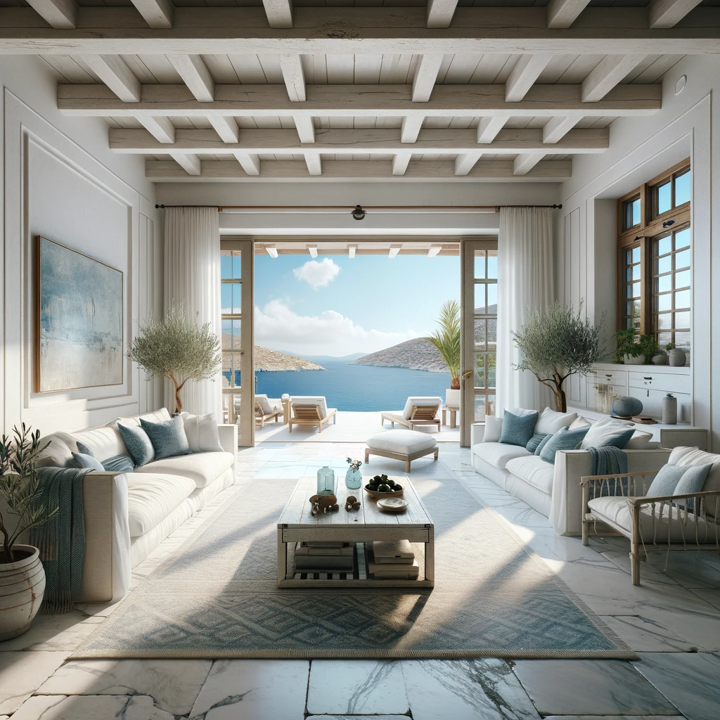 An airy Greek coastal living room opens up to the azure sea, its crisp white palette accented with touches of blue, creating a serene space where the lines between indoors and out are blissfully blurred.