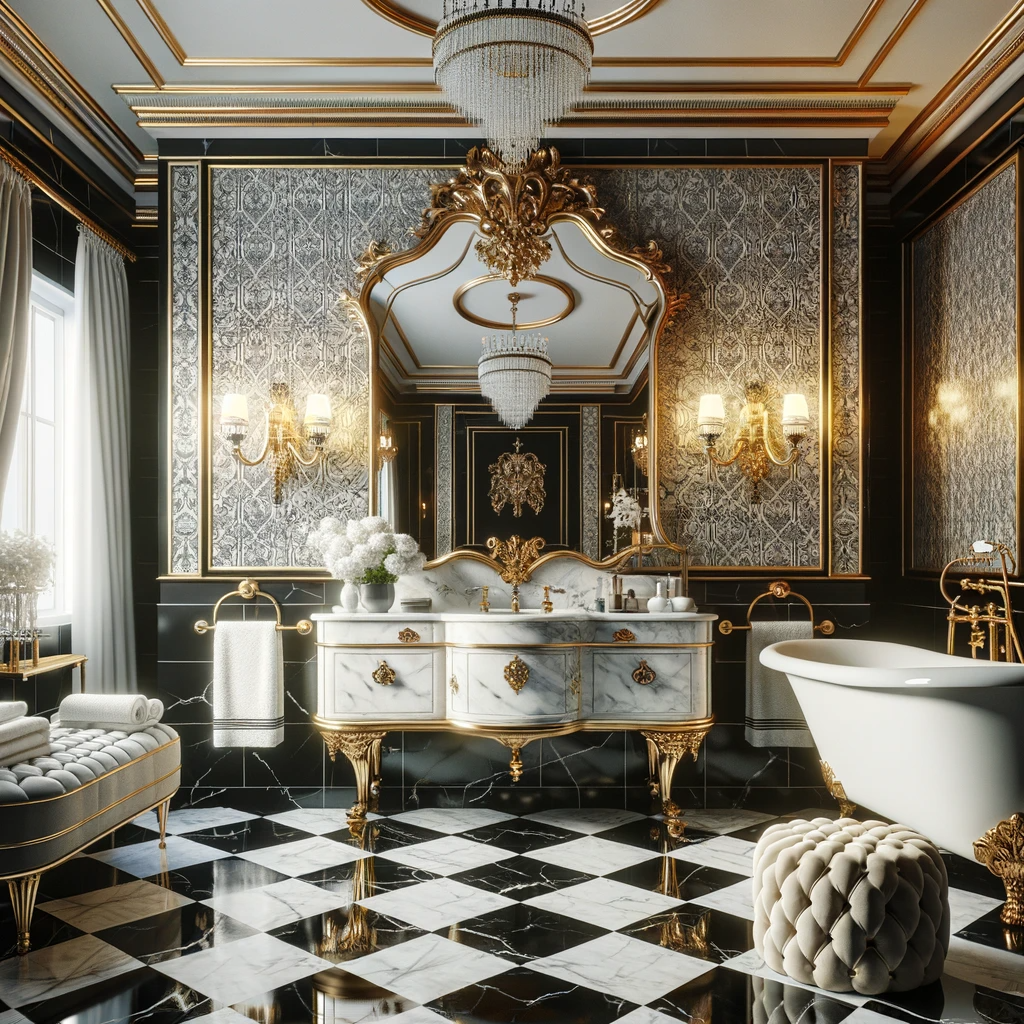 A bathroom fit for the silver screen, with black and white checkered marble floors, gold-leaf wallpaper, and a vintage claw-foot bathtub. The large gilt mirror and opulent chandelier above a marble vanity complete this picture of vintage glamour.