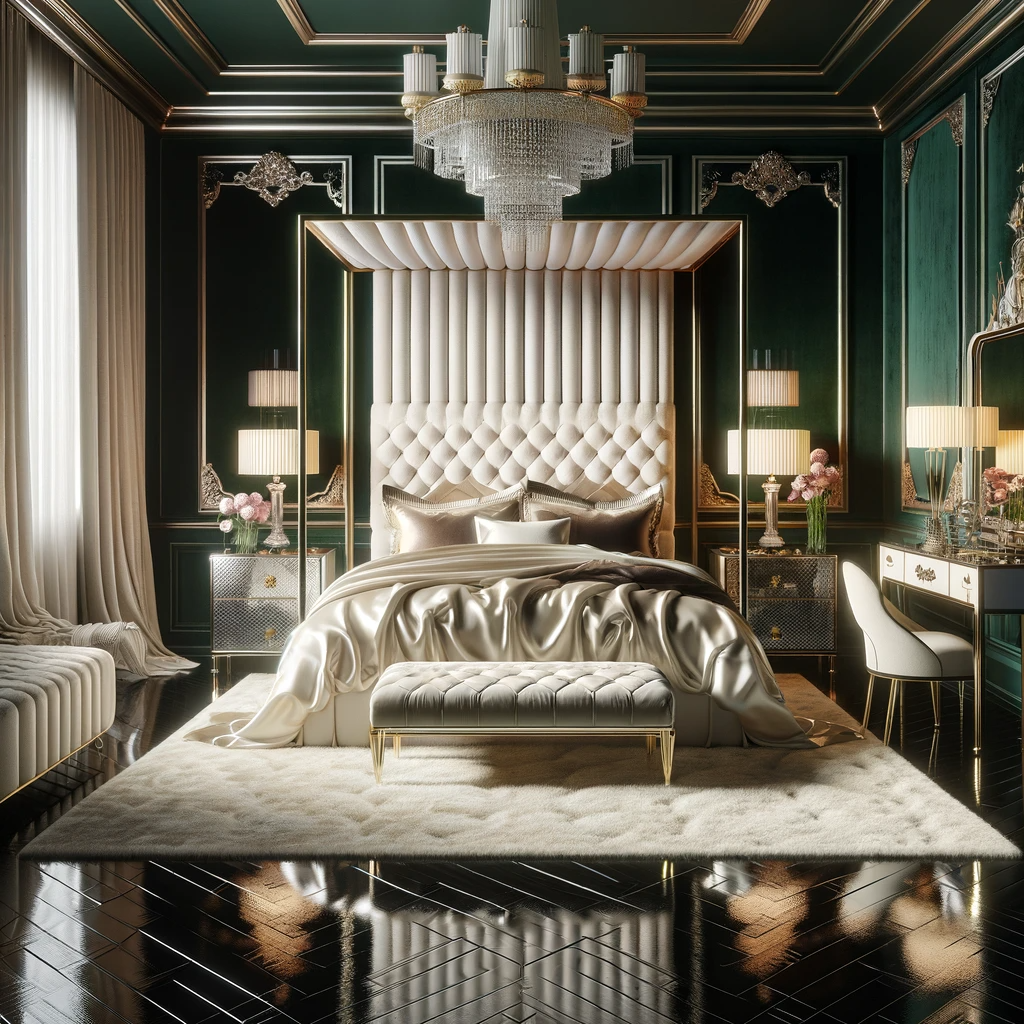 A sanctuary of style, this bedroom features emerald green velvet walls, a glossy black floor, and a grand four-poster bed with a high tufted headboard. The mirrored bedside tables and vintage tri-fold mirror exude a classic Hollywood elegance.