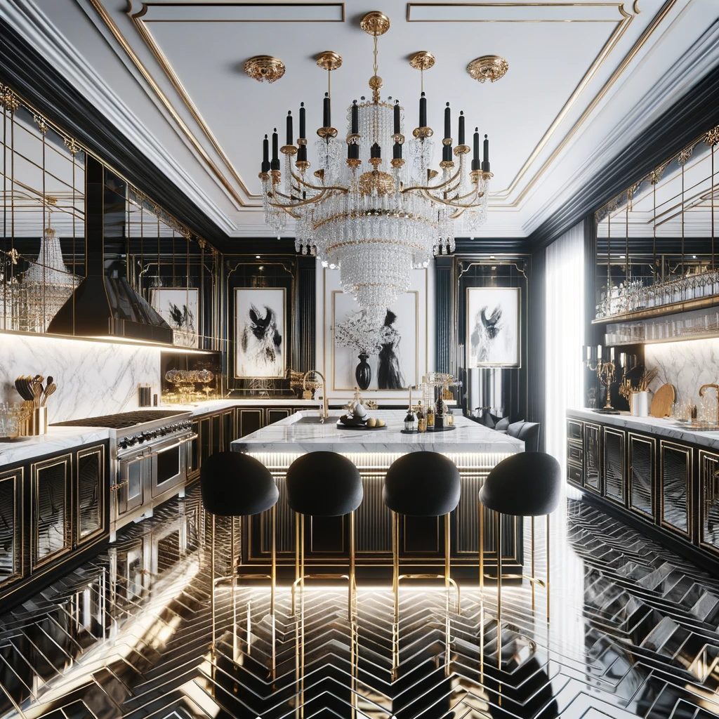 This kitchen embodies Hollywood glamour with high-gloss black cabinets, white marble countertops, and a striking herringbone floor. The grand gold and crystal chandelier adds a luxurious focal point above the island, while black velvet bar stools invite a moment of comfort.