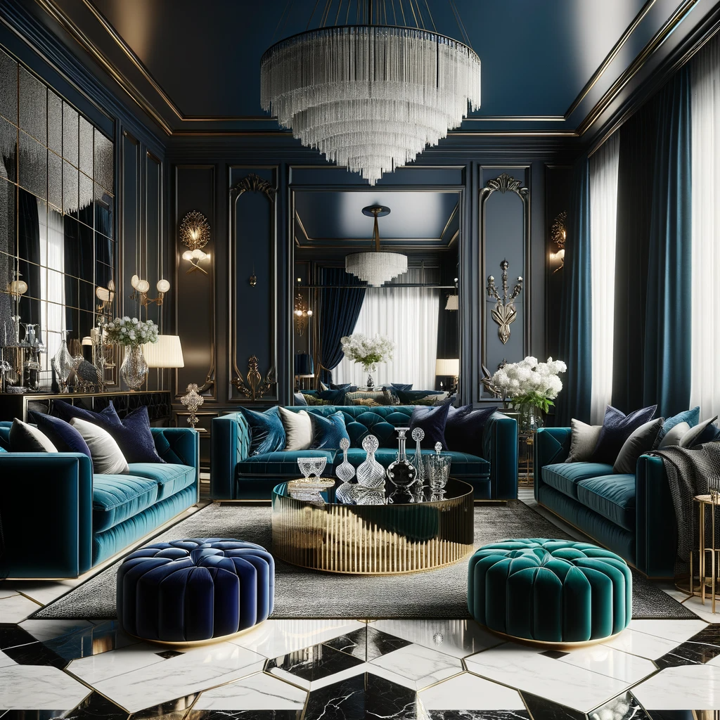 Opulence meets comfort in this Hollywood Regency living room, featuring deep navy lacquered walls, plush velvet sofas, and a white marble floor with black accents. The gold and glass coffee table centers the room under a dramatic crystal chandelier.