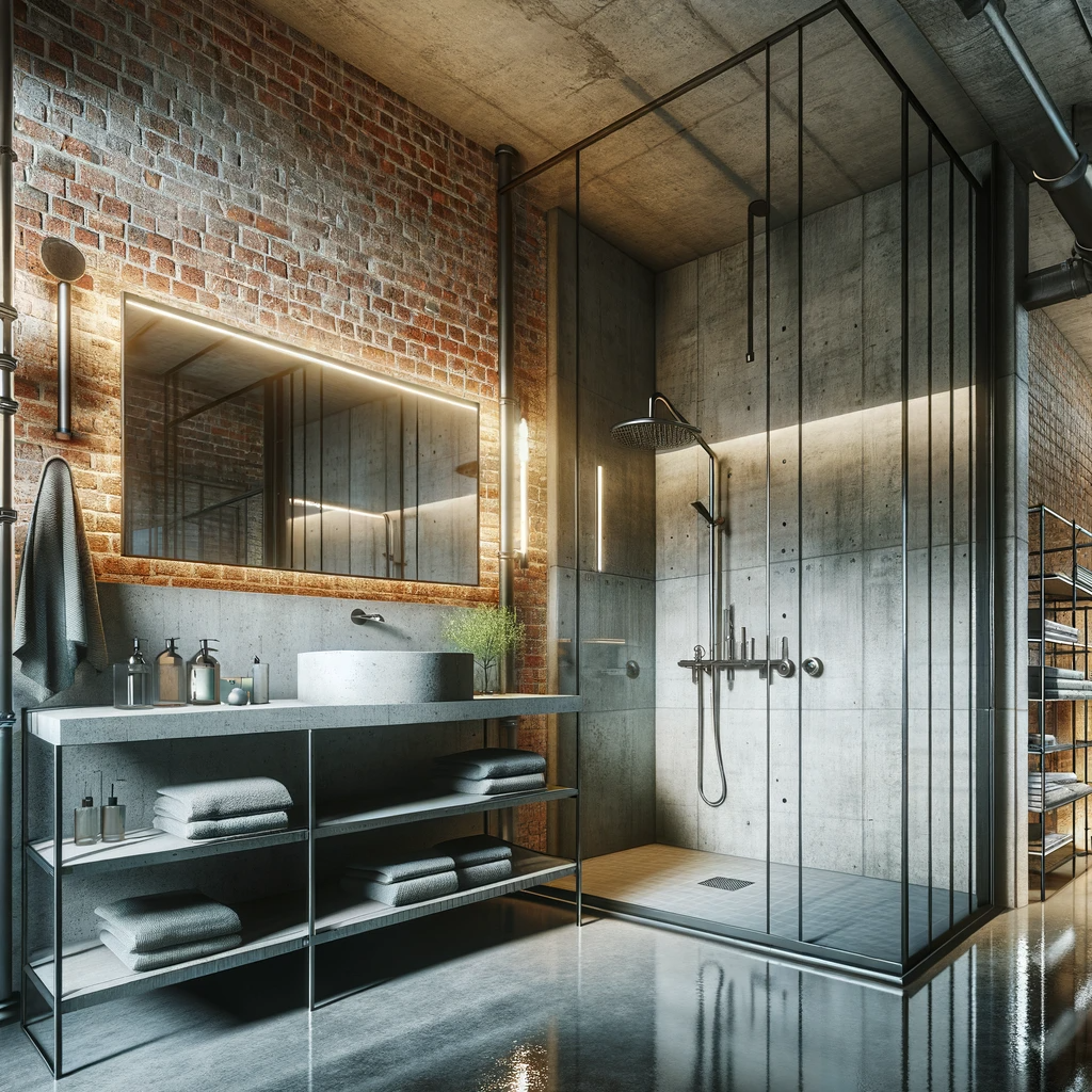 A minimalist yet functional bathroom with polished concrete floors, a frameless mirror, and a walk-in shower, complemented by metal shelving and warm lighting against a brick wall backdrop.