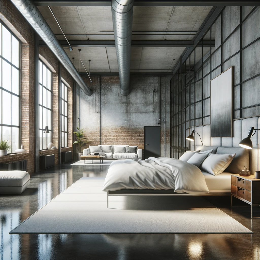 A serene bedroom space that harmonizes a metal-framed bed and industrial fixtures with the warmth of a brick wall, soft bedding, and natural light, creating a tranquil urban retreat.