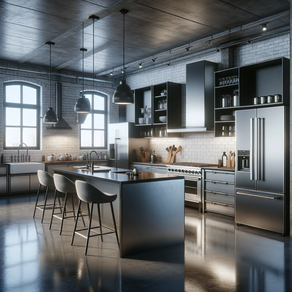 This kitchen boasts sleek stainless steel appliances, dark cabinetry, and bar seating at the spacious island, all bathed in natural light from large windows set in exposed brick walls.