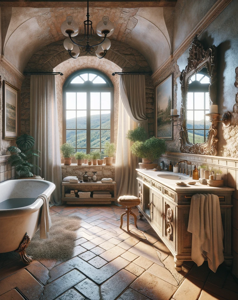 Elegance meets simplicity in this spacious villa bathroom, boasting a freestanding bathtub, antique mirrors, and a picturesque window view that captures the serene outdoors.