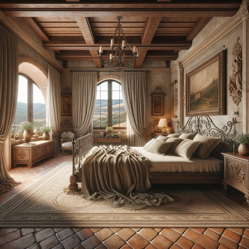 A cozy retreat where luxury meets rustic comfort; this bedroom, with its plush bedding, ornate furniture, and warm wooden accents, offers a tranquil haven overlooking rolling hills.