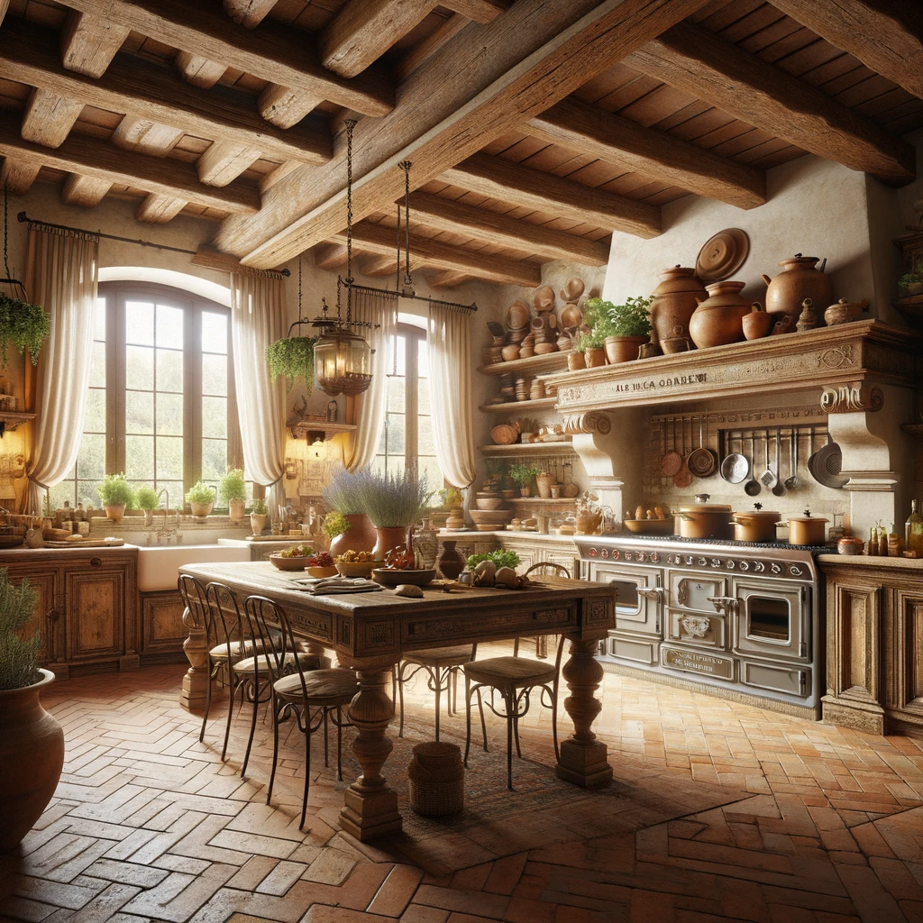A sunlit, rustic kitchen steeped in old-world charm, featuring exposed wooden beams, terracotta pots, and a classic hearth, inviting one to cook with the spirit of the countryside.
