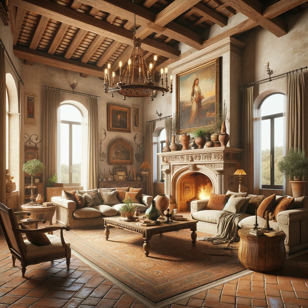 Step into a grand living space where timeless elegance and comfort converge, highlighted by an intricately carved fireplace, vintage decor, and plush seating that whispers stories of bygone eras.