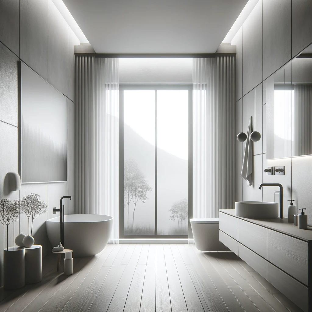 A tranquil minimalist bathroom with a freestanding bathtub, clean lines, and a large window that offers a view of a peaceful natural landscape.