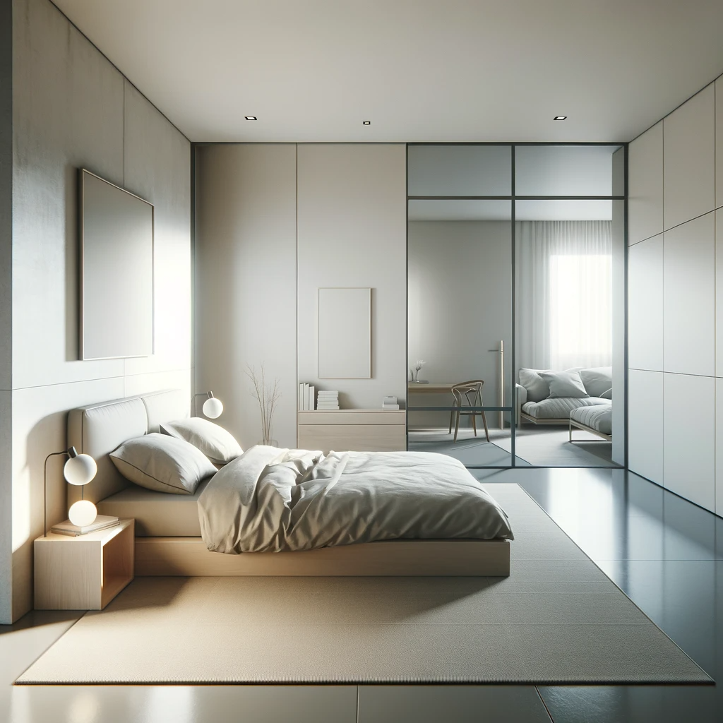 A serene minimalist bedroom featuring a plush bed, understated lighting, and a large mirror that reflects the tranquil aesthetic of the space.