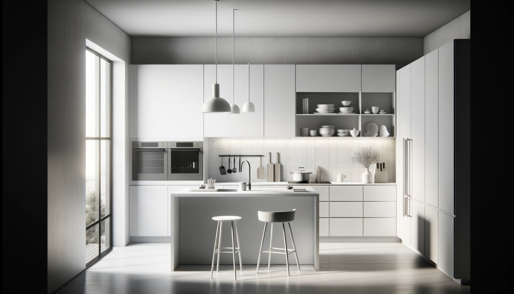 A sleek and modern minimalist kitchen with bright white cabinetry, a central island with stools, and ample natural light flowing through a large window.