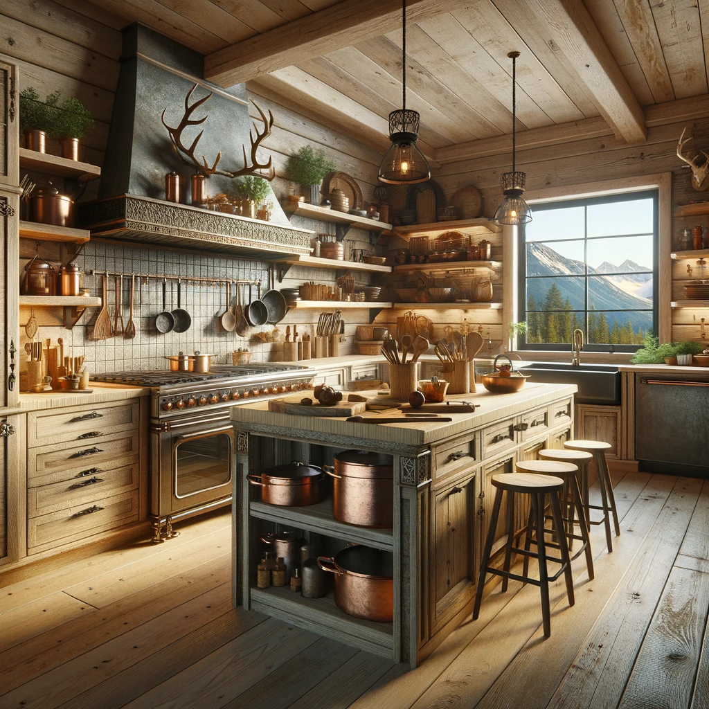 A kitchen that breathes the essence of the mountains, with open shelves showcasing copper pots and the richness of natural wood, all set against a backdrop of stunning, panoramic views.