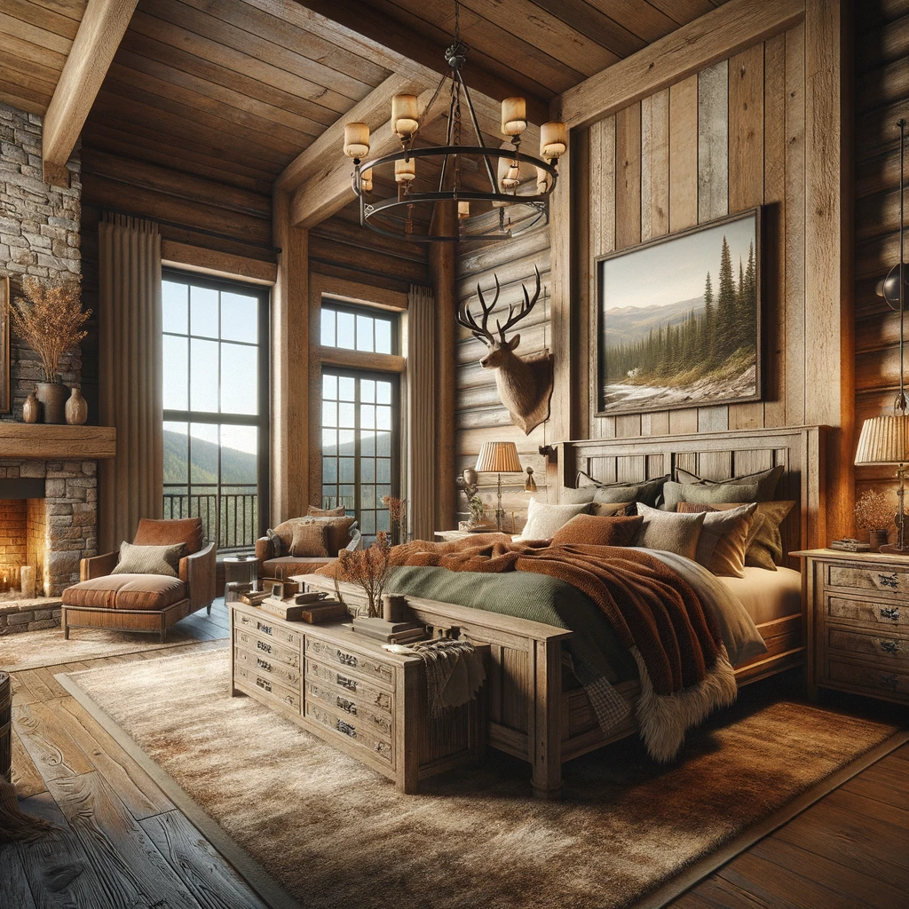 Where rustic charm meets mountain retreat, this bedroom offers a cozy embrace with its robust wooden beams, a grand stone fireplace, and windows that open up to the heart of nature's tranquility.