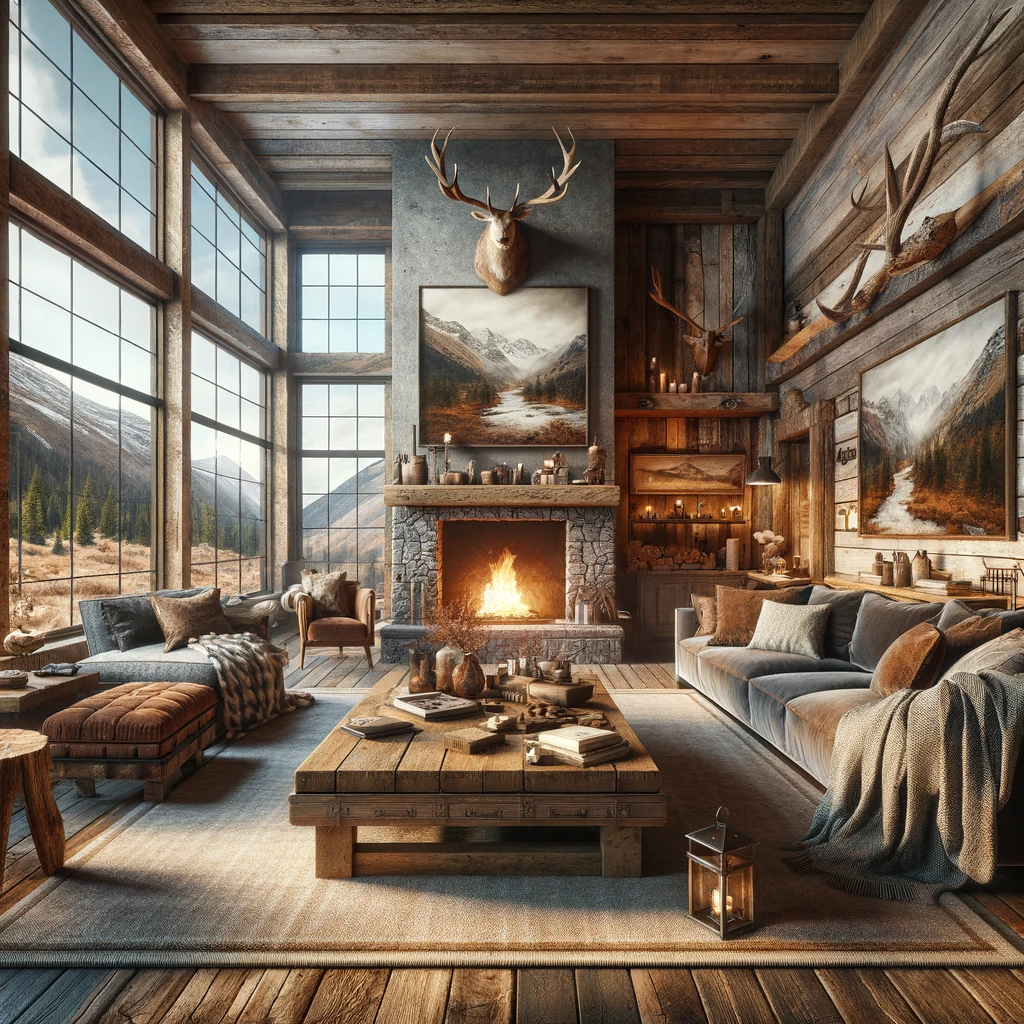 Embrace the spirit of the highlands in this living room, where a roaring fireplace and timeworn wood are the silent witnesses to countless stories and quiet evenings under the vast mountain sky.