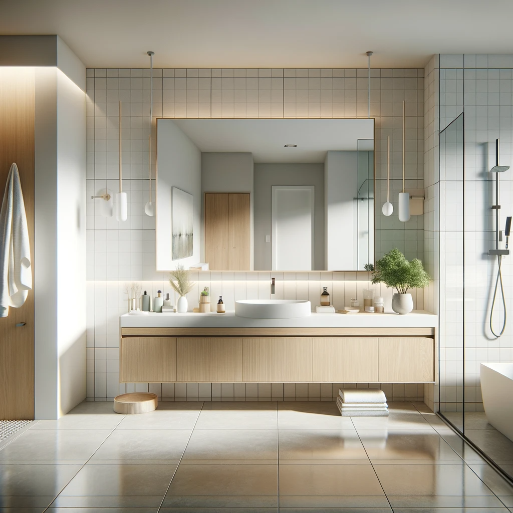 A sleek and modern Nordic minimalist bathroom with a floating wooden vanity, under-mounted sink, and frameless mirror. The space is complemented by subtle greenery and a spacious walk-in shower, creating a clean and tranquil environment.