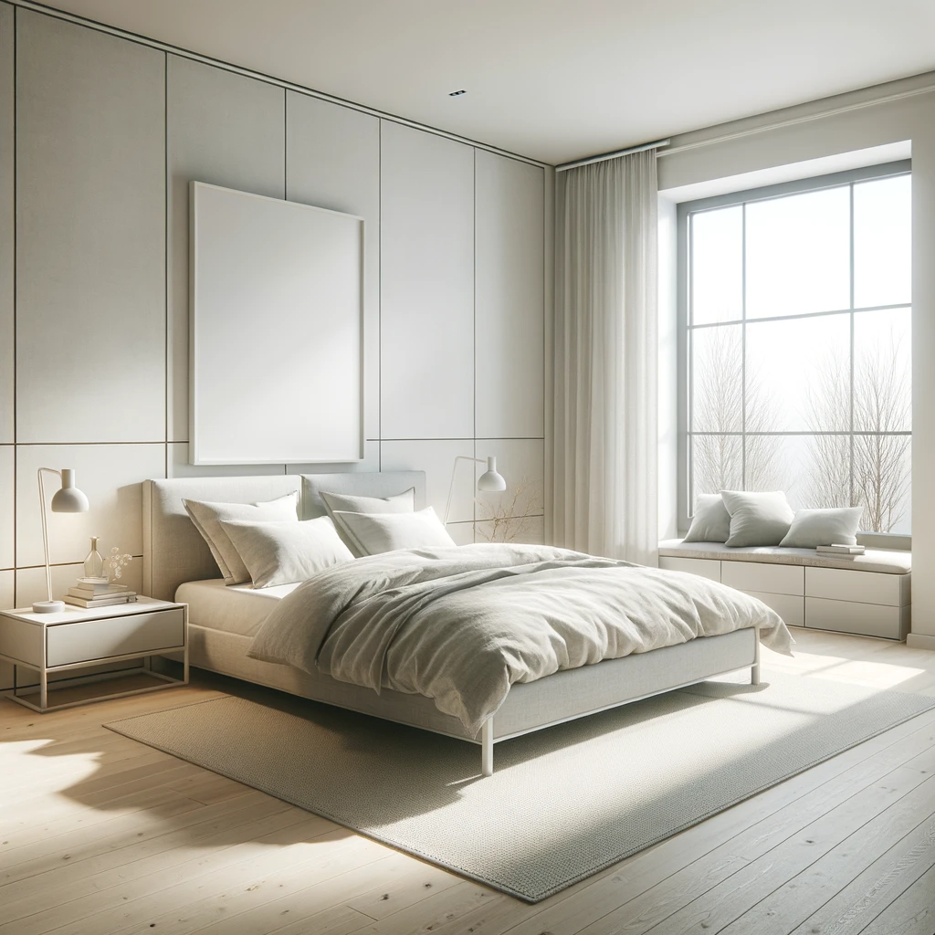 A serene Nordic minimalist bedroom featuring a low-profile bed with soft gray bedding, natural wood accents, and a herringbone wood floor. The room is bathed in natural light from a large window, creating a peaceful, airy atmosphere.