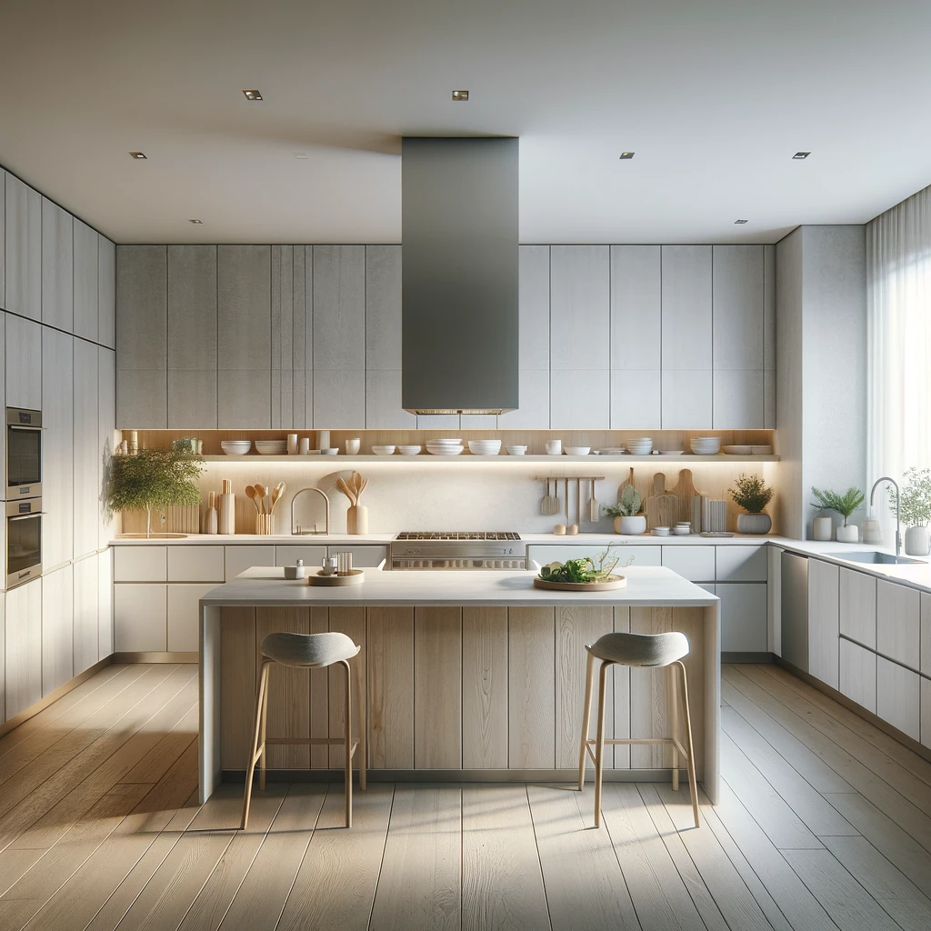 A bright and airy Nordic minimalist kitchen, showcasing clean lines with handleless white cabinetry and a natural wood island. The room is accented with wooden utensils and minimalistic decor, emphasizing functionality and simplicity.