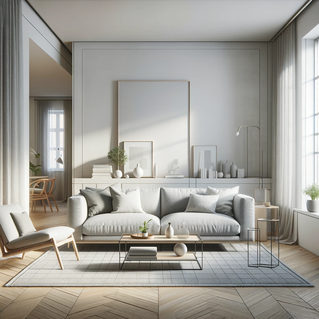 An open and inviting Nordic minimalist living room with a comfortable light gray sofa, wooden furniture, and a geometric rug. The space is characterized by a muted color palette, minimalist decor, and abundant natural light, reflecting a sophisticated simplicity.