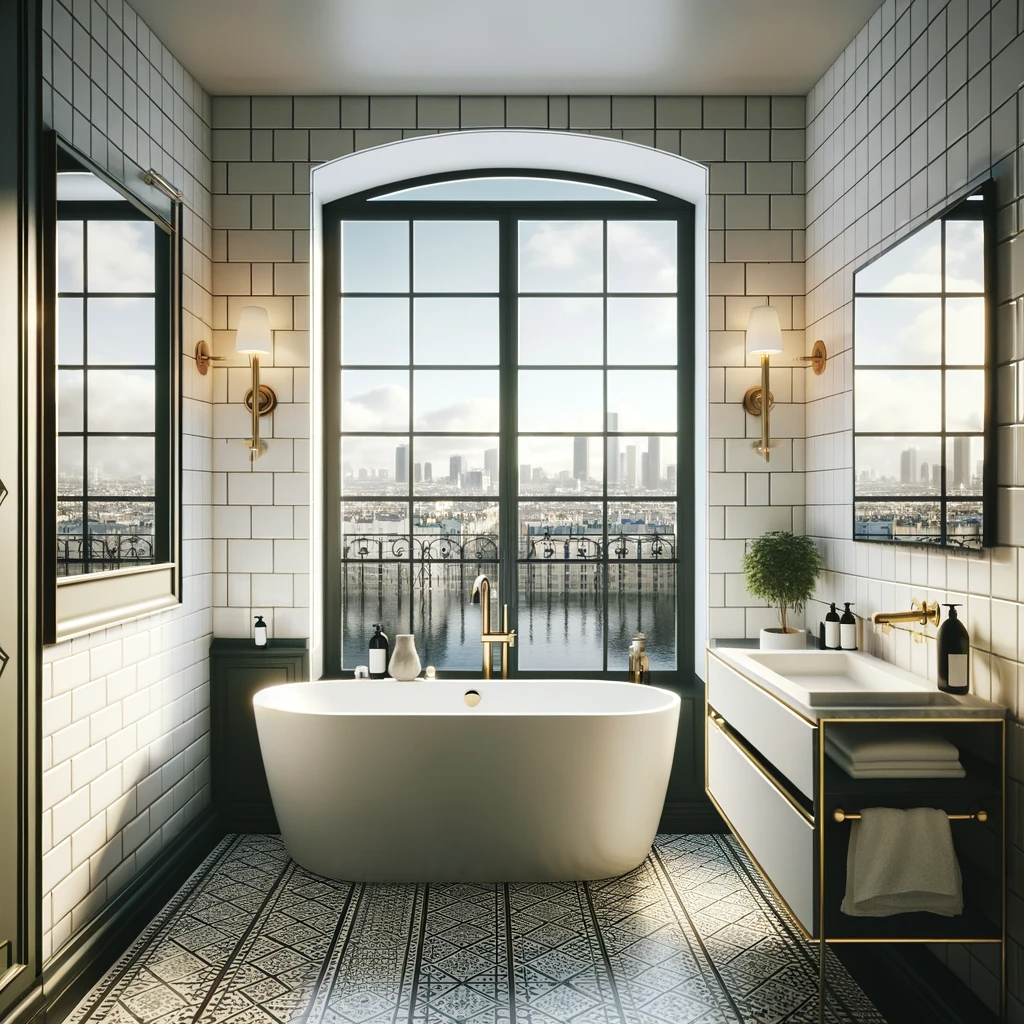 A Parisian bathroom that’s a symphony of elegance, featuring a freestanding bathtub with a view of the city skyline, where classic meets contemporary beneath a spacious, sunlit arch.