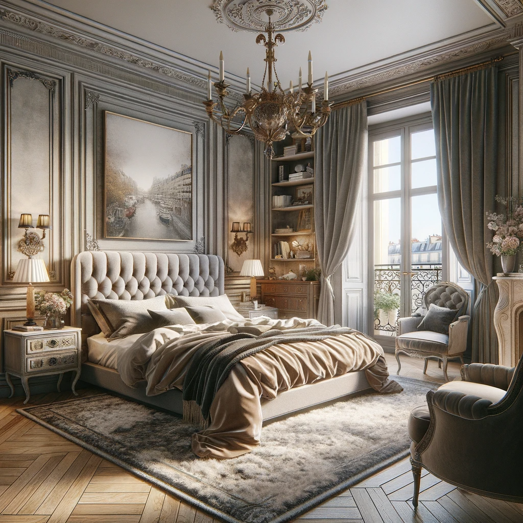 Revel in the romance of this Parisian bedroom, where every detail, from the plush tufted headboard to the elegant drapery, whispers the timeless story of French sophistication.