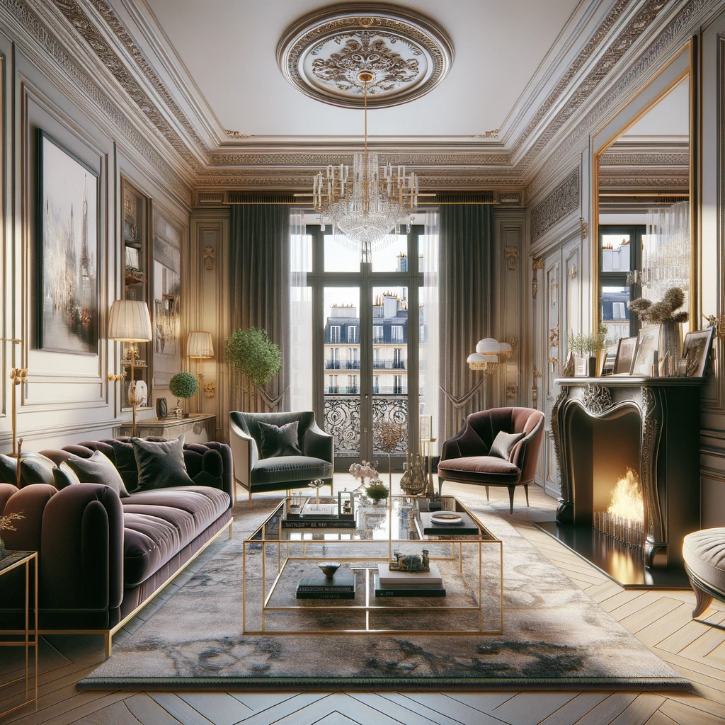 Step into a Parisian living room where opulence meets comfort; a space graced with ornate moldings, sumptuous velvet seating, and a fireplace that’s a nod to the city’s storied past.