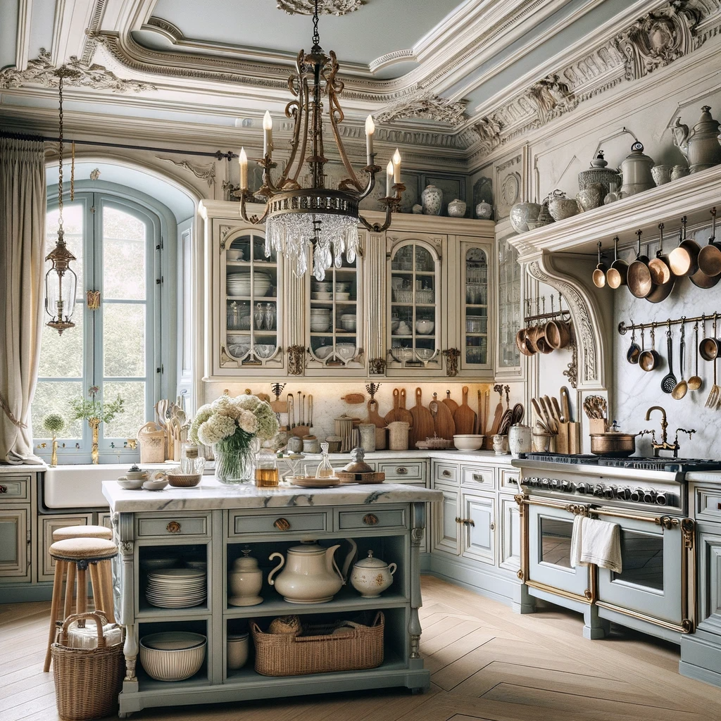 A Parisian kitchen that marries the grandeur of old-world charm with the subtlety of modern luxury, offering a culinary sanctuary wrapped in soft blues and illuminated by natural light.