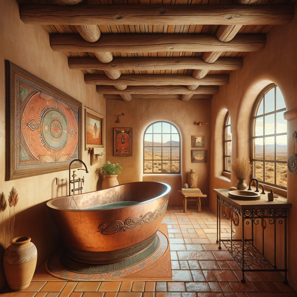 An elegant Santa Fe style bathroom featuring a copper freestanding bathtub, hand-painted ceramic basin, rustic wooden ceiling beams, and adobe walls, accented with Native American art, under the warm glow of natural sunlight from an arched window.