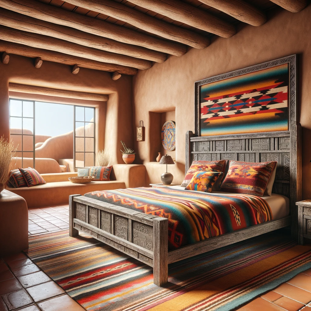 A serene Santa Fe style bedroom boasting a hand-carved wooden bed frame with vibrant Navajo-inspired bedding, terracotta flooring, and exposed wooden ceiling beams, complemented by natural light from large windows showcasing the desert vista.