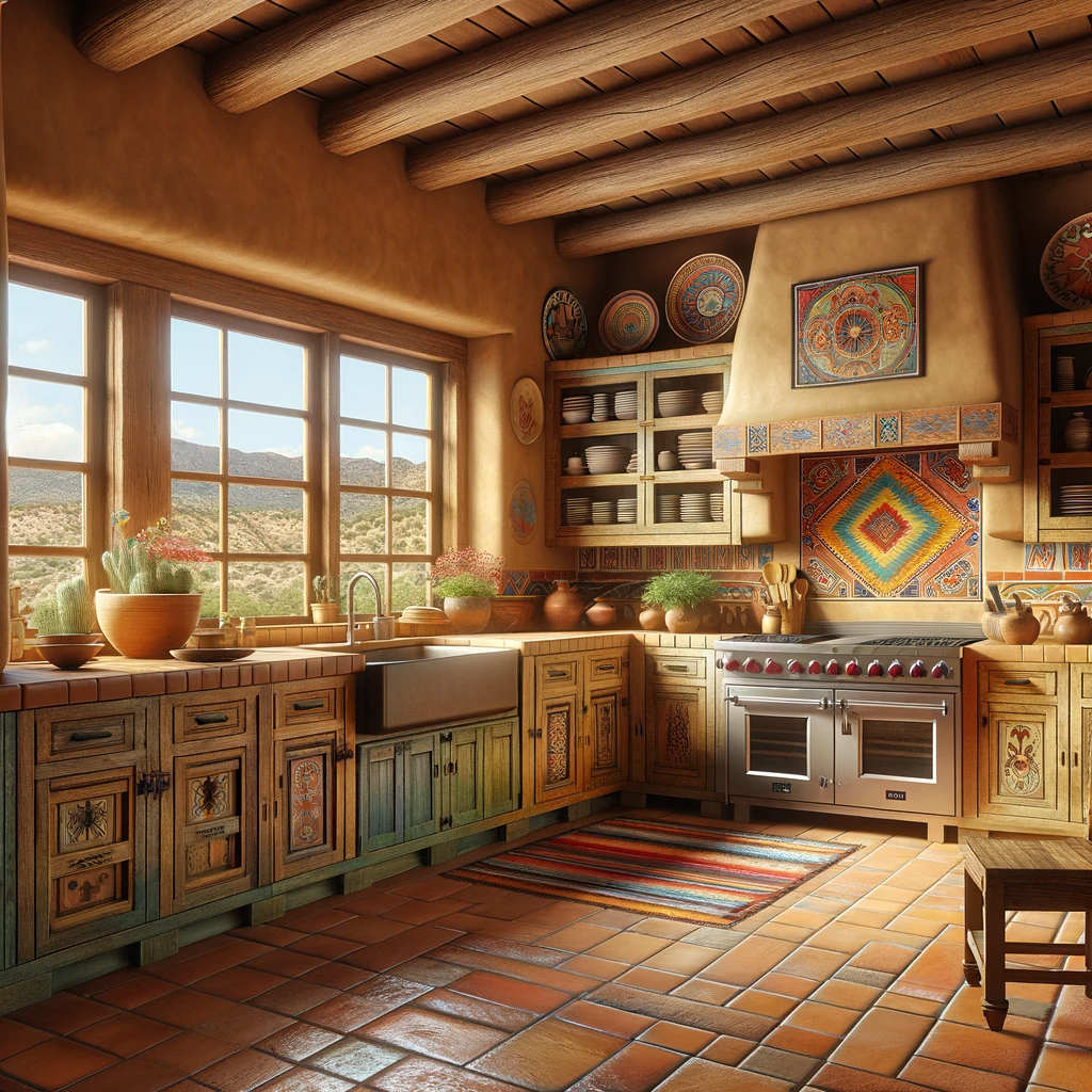 A warm and inviting Santa Fe style kitchen with rustic wooden cabinetry, terracotta tiles, a colorful tile backsplash, and adobe walls, enhanced by Native American pottery and textiles, bathed in the light from expansive windows.