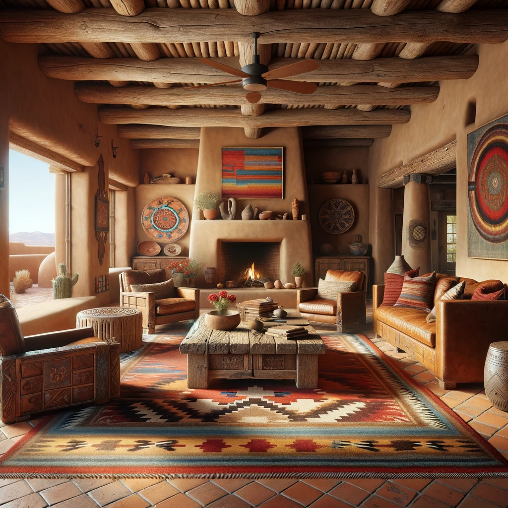 A cozy Santa Fe style living room displaying Southwestern charm with a stone fireplace, leather sofas, hand-carved wooden tables, and a hand-woven Navajo rug, all illuminated by natural light from large windows that offer a view of the desert landscape.
