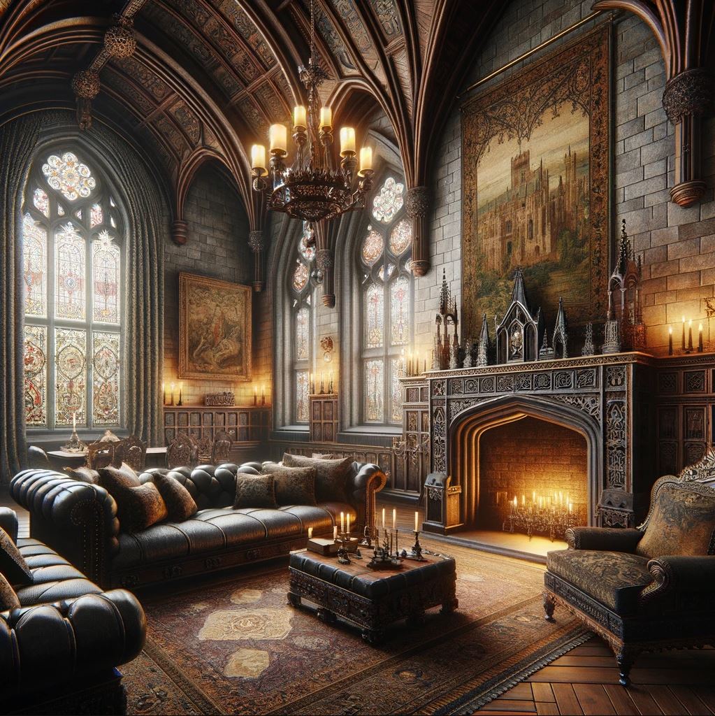 This image presents a grandiose Gothic Revival living room, featuring opulent leather sofas and a large, ornate fireplace as its focal point. The room is framed by tall, arched stained glass windows and is lit by a series of elegant chandeliers, with a large tapestry hanging above the fireplace adding to the room's historical charm.