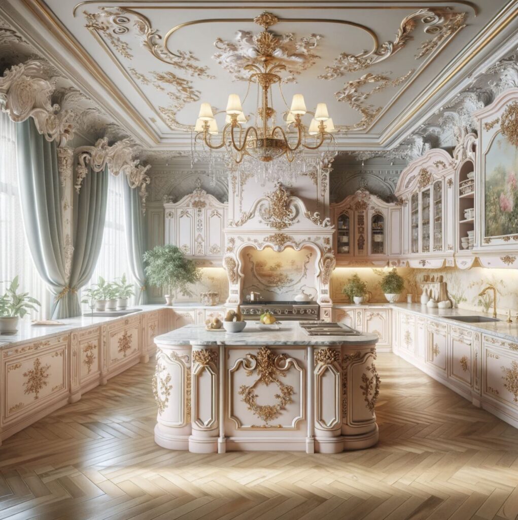 A kitchen that marries functionality with Rococo elegance, featuring elaborate cabinetry and an island with gold ornamental detail, under a classic chandelier that illuminates the space with a soft, aristocratic ambiance.