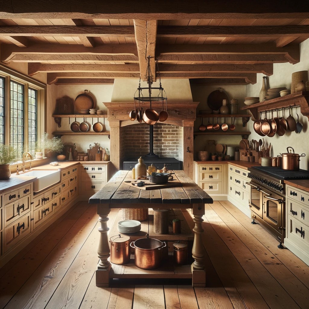 The heart of a colonial home reimagined, this kitchen blends rustic charm with culinary tradition, featuring a farmhouse table and a hearth, ready to welcome family gatherings.